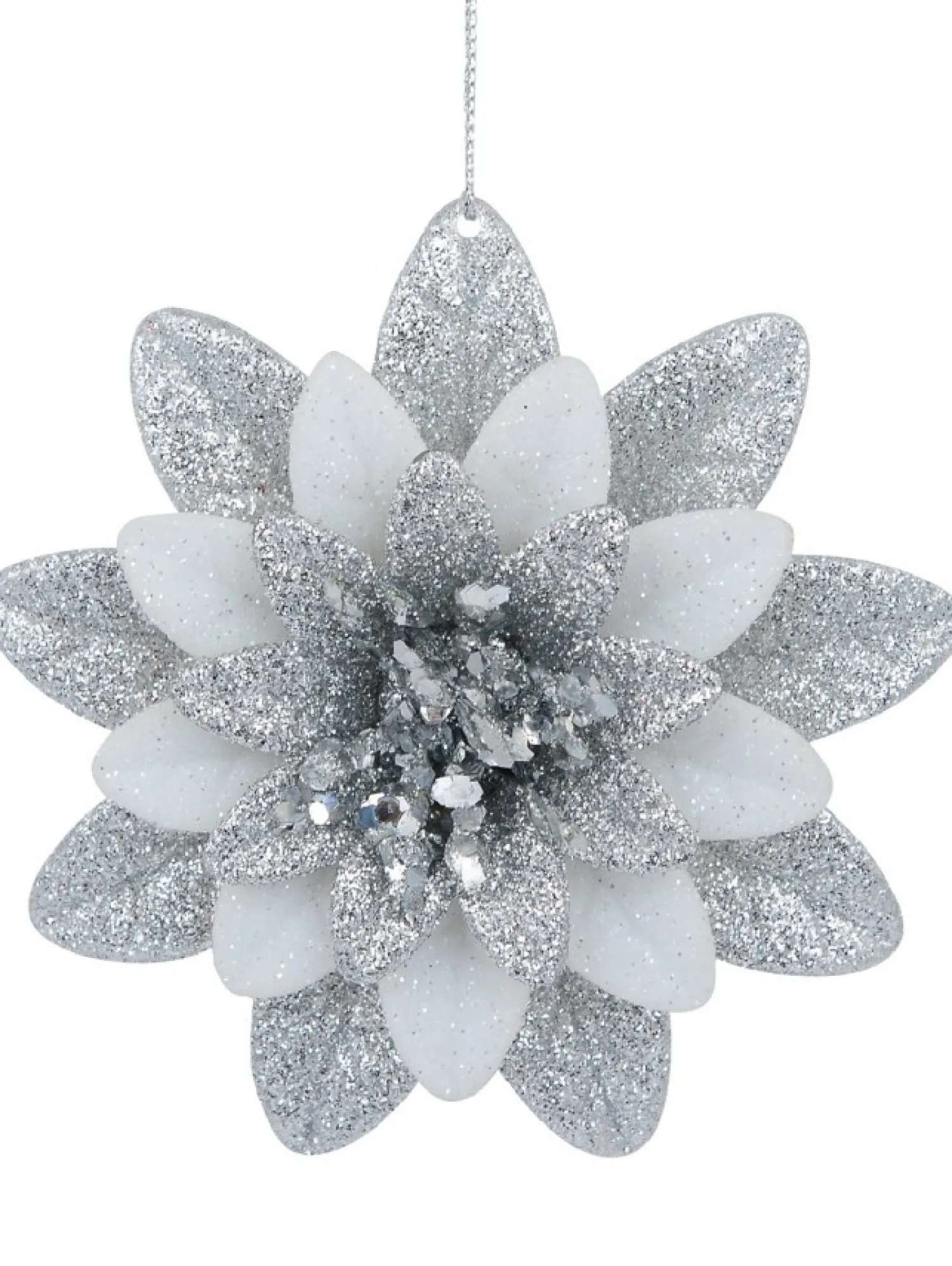 Christmas Warehouse Silver & White Glittered Lotus Flower Christmas Tree Hanging Decoration - 11Cm> Hanging Decorations - Individual