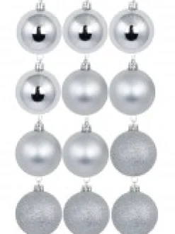Christmas Warehouse Silver Glittered, Matte & Metallic Christmas Bauble Decorations - 12 X 60Mm> Bauble Packs