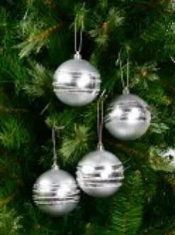 Christmas Warehouse Silver Matte Baubles With Thick Shiny & Thin Glittered Stripes - 4 X 80Mm><noscript><img width=
