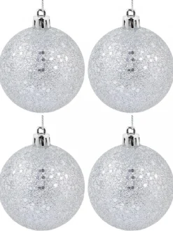 Christmas Warehouse Silver Metallic Sequins & Glitter Coated Christmas Baubles - 12 X 60Mm> Bauble Packs