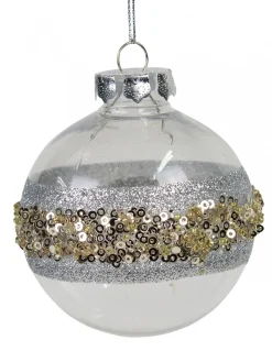Christmas Warehouse Silver Stripe Decorated Bauble Christmas Tree Hanging Decoration - 80Mm> Hanging Decorations - Individual