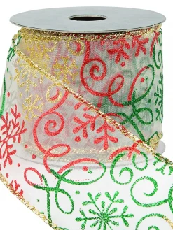 Christmas Warehouse Snowflakes & Swirl Patterns On Sheer Christmas Ribbon With Gold Edging - 3M> Christmas Ribbon