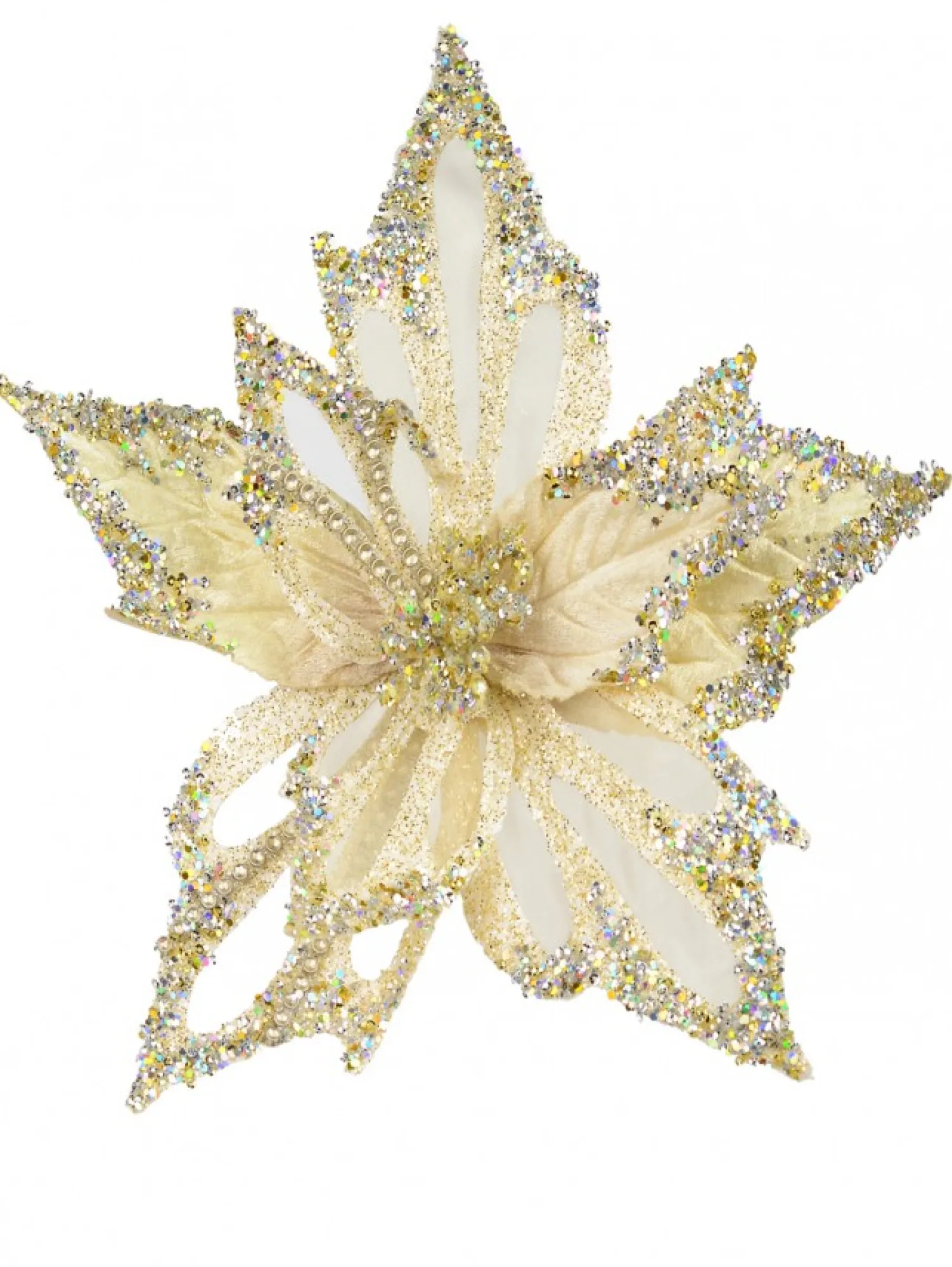 Christmas Warehouse Soft Gold Poinsettia With Diamantes Decorative Christmas Flower Pick - 23Cm> Christmas Picks