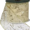 Christmas Warehouse Swirl Pattern Cream On Sheer Christmas Ribbon With Gold Glitter Edging - 3M> Christmas Ribbon