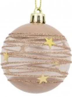 Christmas Warehouse Taupe, White & Clear Baubles With Gold Stars & Glitter Lines - 6 X 60Mm><noscript><img width=
