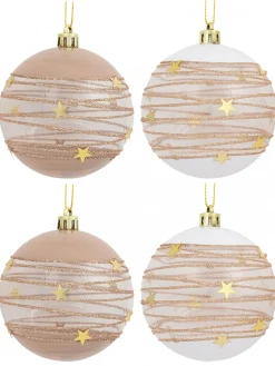 Christmas Warehouse Taupe, White & Clear Baubles With Gold Stars & Glitter Lines - 4 X 80Mm> Bauble Packs