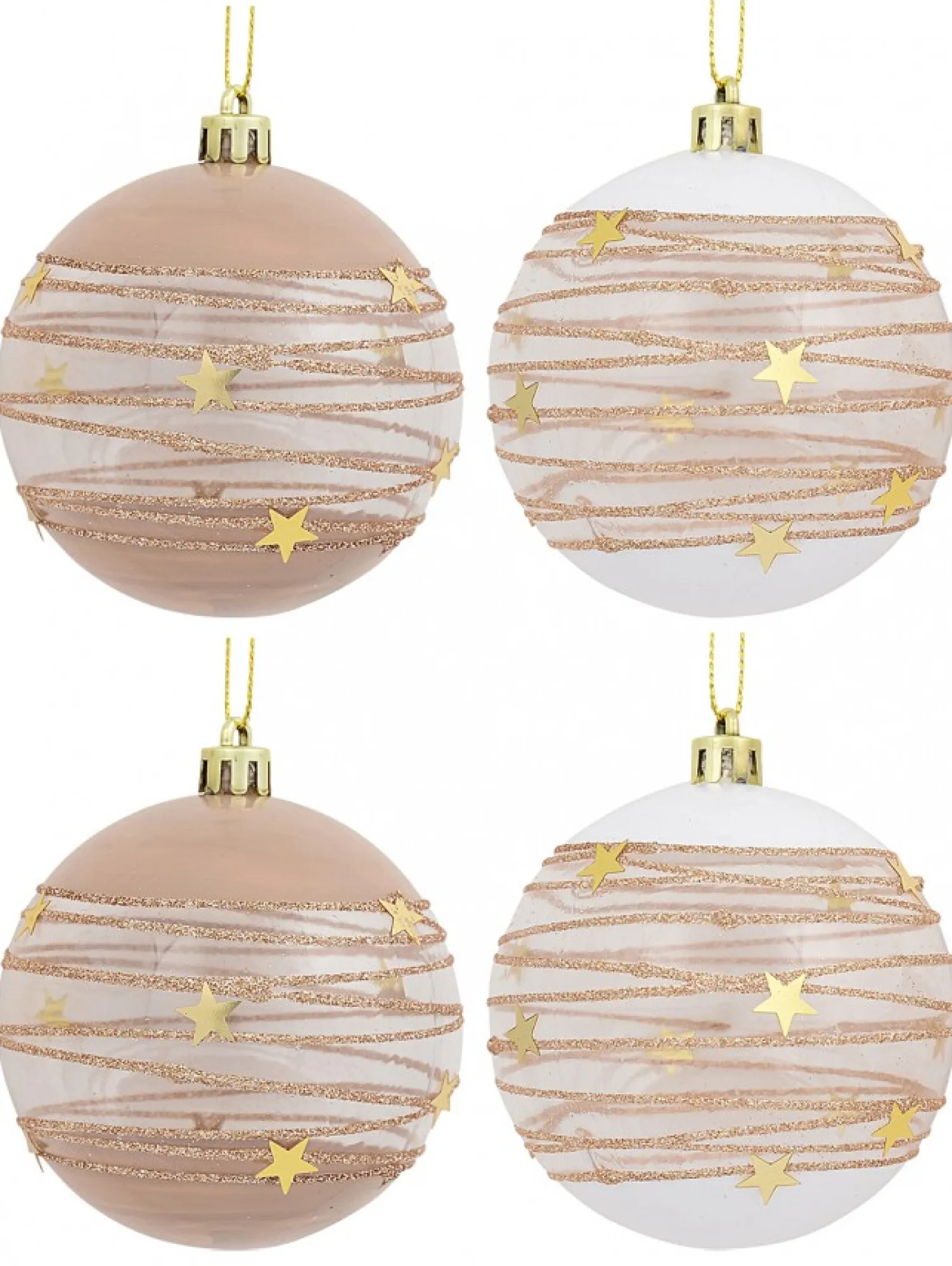 Christmas Warehouse Taupe, White & Clear Baubles With Gold Stars & Glitter Lines - 4 X 80Mm> Bauble Packs