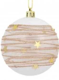 Christmas Warehouse Taupe, White & Clear Baubles With Gold Stars & Glitter Lines - 4 X 80Mm> Bauble Packs