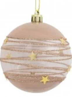 Christmas Warehouse Taupe, White & Clear Baubles With Gold Stars & Glitter Lines - 4 X 80Mm><noscript><img width=