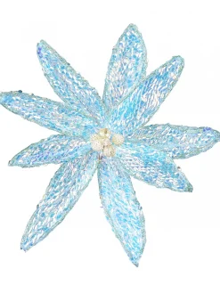 Christmas Warehouse Turquoise Poinsettia With Iridescent Sequins Christmas Flower Pick - 26Cm> Christmas Picks