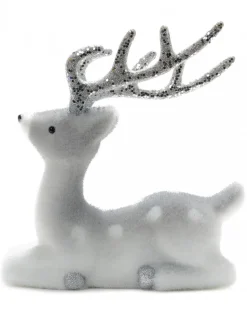 Christmas Warehouse White & Silver Glittered Flocked Sitting Christmas Reindeer Ornament - 24Cm> Reindeer