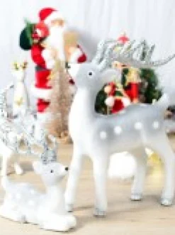 Christmas Warehouse White & Silver Glittered Flocked Sitting Christmas Reindeer Ornament - 24Cm><noscript><img width=