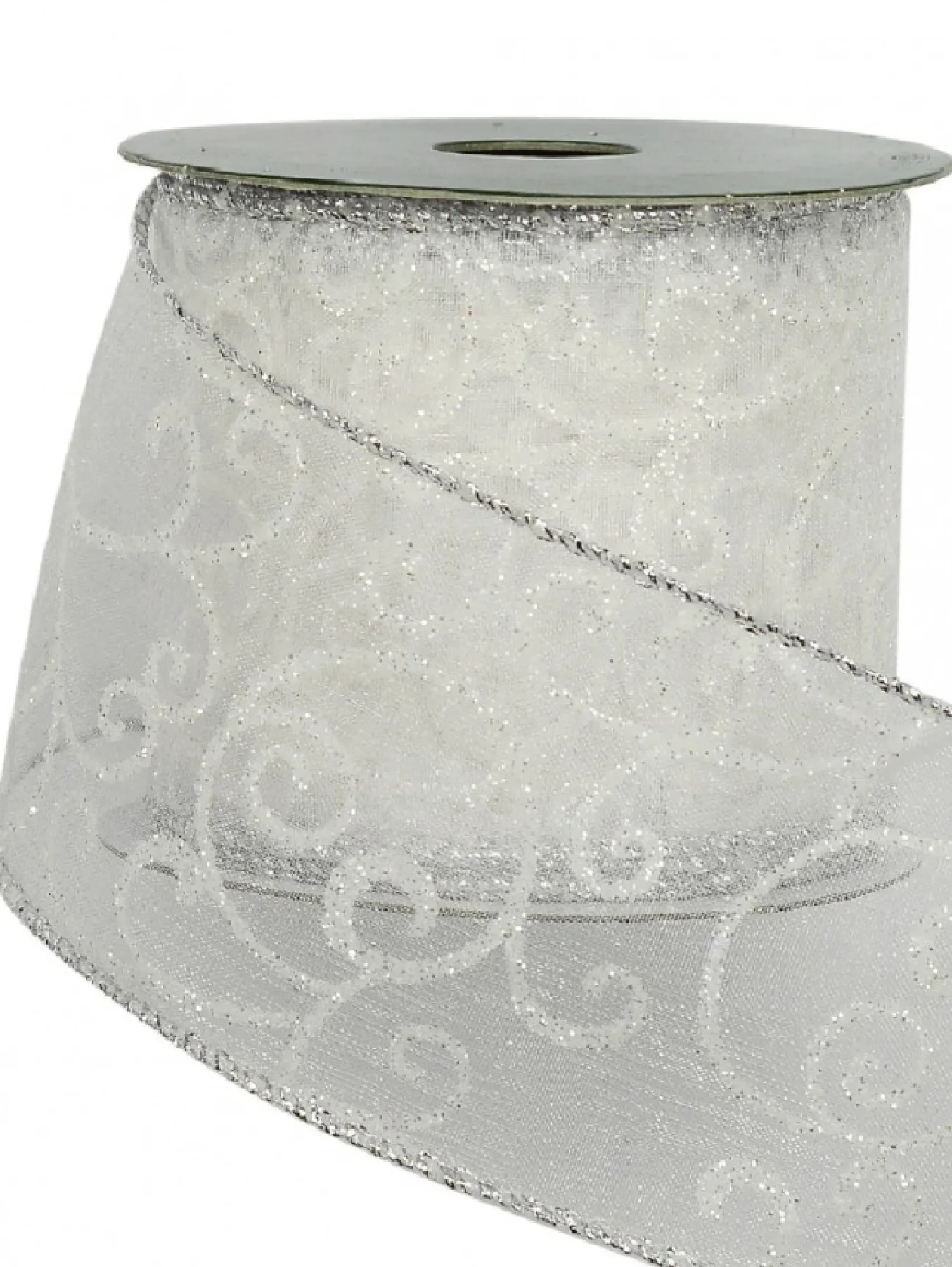 Christmas Warehouse White Filigree Pattern Organza Christmas Ribbon With Silver Edging - 3M> Christmas Ribbon