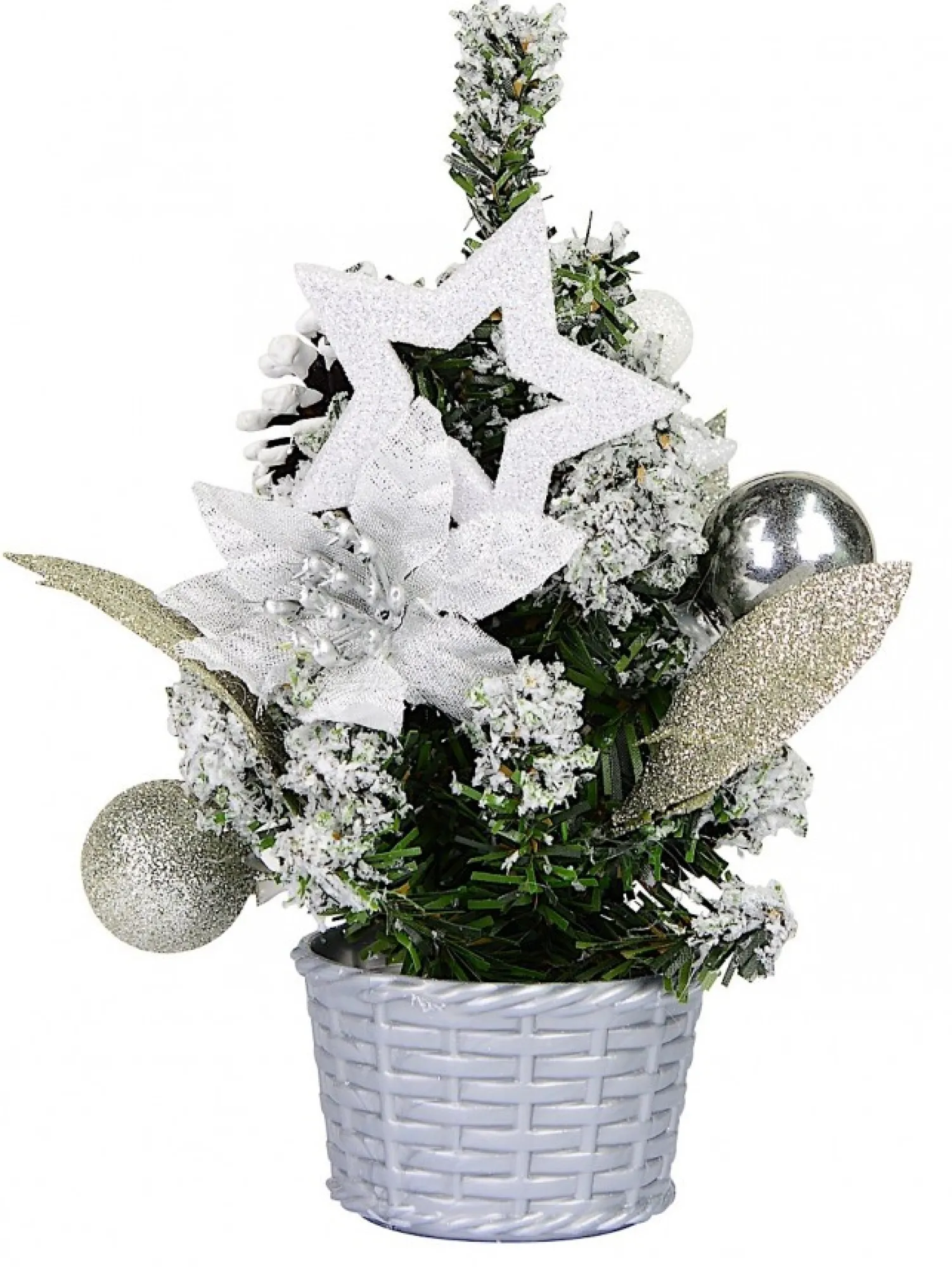 Christmas Warehouse White Poinsettia & Silver Decorations Tabletop Christmas Tree Ornament - 18Cm> Table Top Christmas Trees