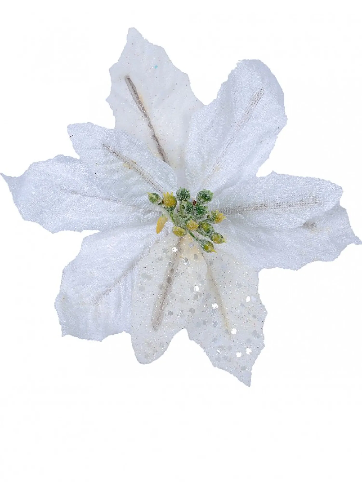 Christmas Warehouse White Sequin & Fabric Petal Poinsettia Decorative Christmas Flower Pick - 14Cm> Christmas Picks