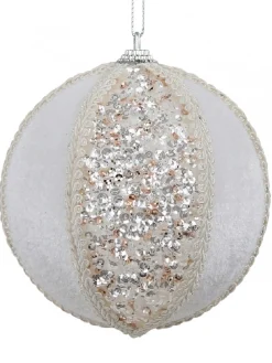 Christmas Warehouse White Sequin & Velvet Bauble Christmas Tree Hanging Decoration - 11Cm> Hanging Decorations - Individual