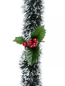 Christmas Warehouse White Tip Pine Needle With Holly Christmas Tinsel Garland - 2.7M> Tinsel