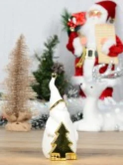 Christmas Warehouse White Winter Large Santa With Gold Tree Ceramic Christmas Ornament - 19Cm><noscript><img width=