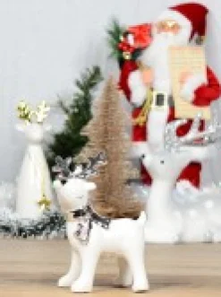 Christmas Warehouse White Winter Reindeer With Scarf Ceramic Christmas Ornament - 14Cm><noscript><img width=